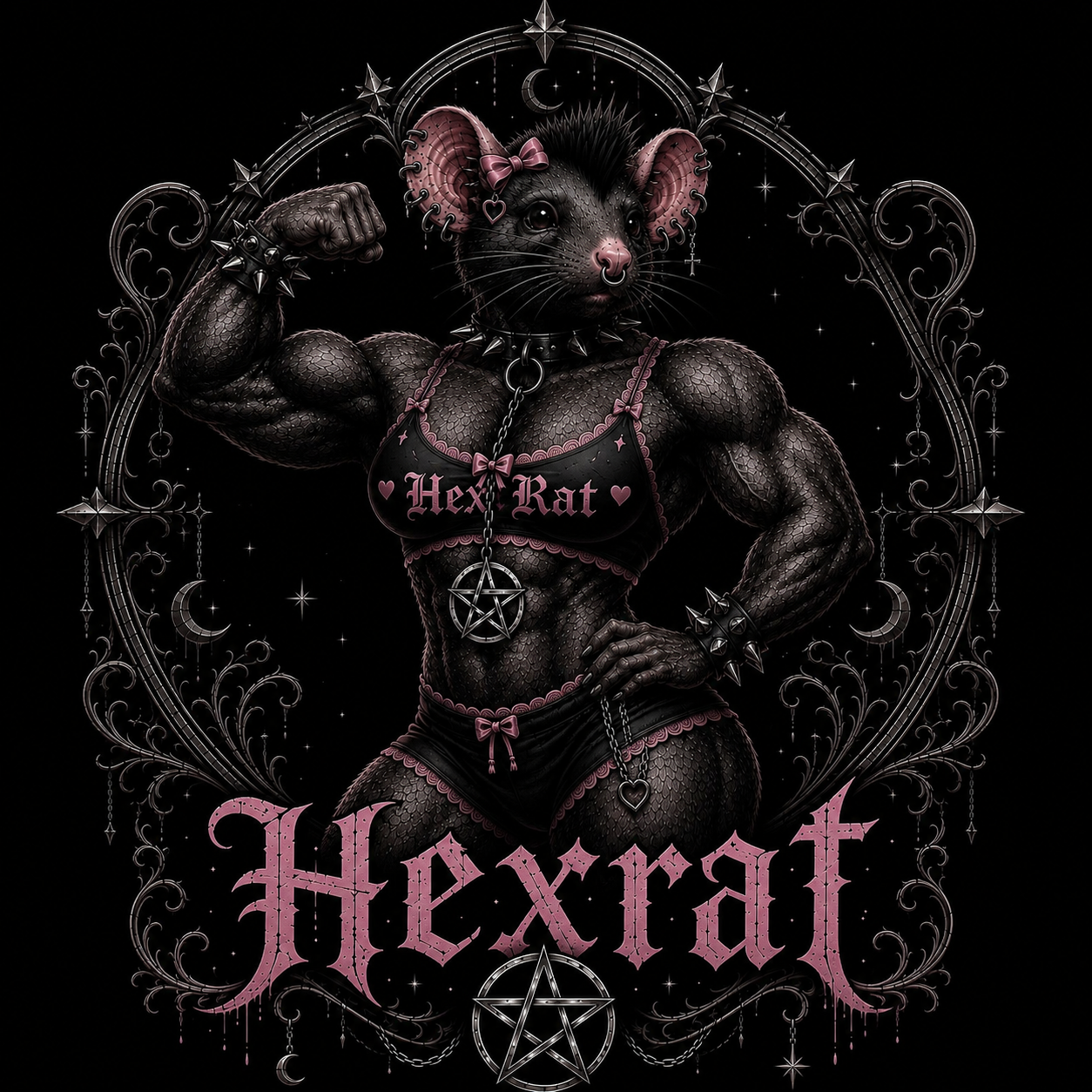 HexRat mascot — muscular gothic rat flexing in a pentagram frame